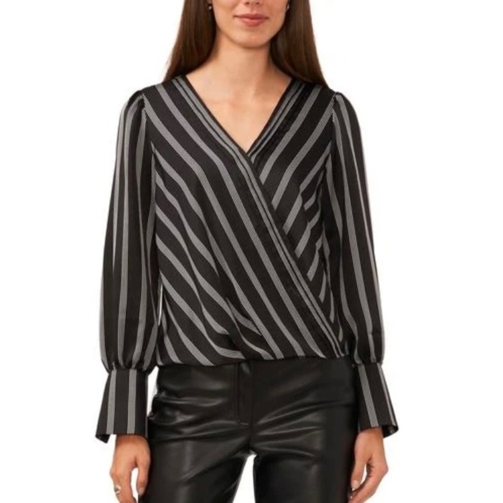 Halogen Womens Black White Striped Balloon Sleeve Surplice V-Neck Blouse small